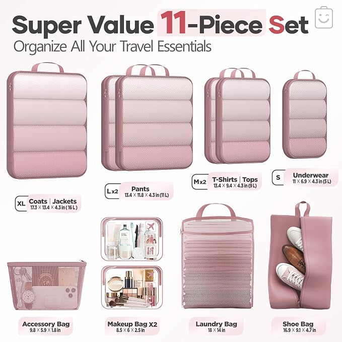 Veken 11 Set Compression Packing Cubes for Travel Essentials,Compressible Expandable Luggage Suitcase Organizer Bags with Garment Bag,Space Saver Bags with Over 1000 pcs of Mesh Holes(Light Coral) - Image 2