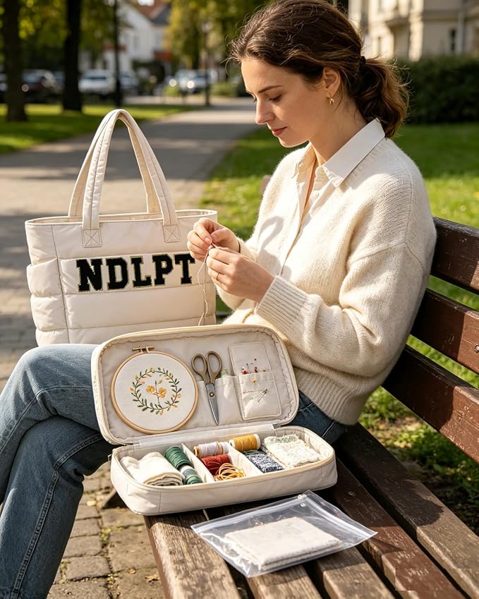 Needlepoint (NDLPT) Tote Bag & Clear Stitching Zipper Pouch Set (Beige) | Lightweight Puffy Project Bag for Embroidery Sewing Craft Storage Organizer – Gifts for Stitchers - Image 7