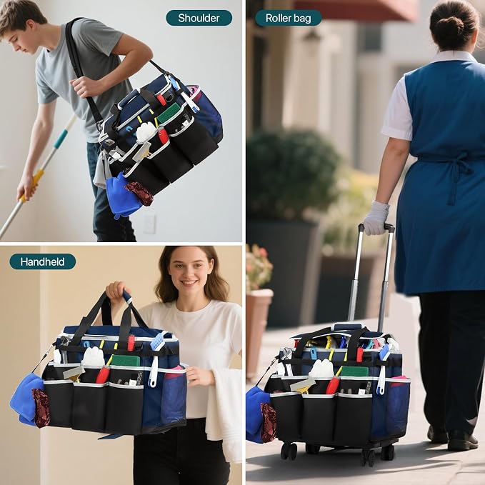 Large Rolling Cleaning Caddy Bag with Detachable Trolley, Full Support Plates for Professional Cleaning Supplies Bag, Organizer Bag with 4 Universal Wheels for Housekeepers, Car Wash (Blue) - Image 6