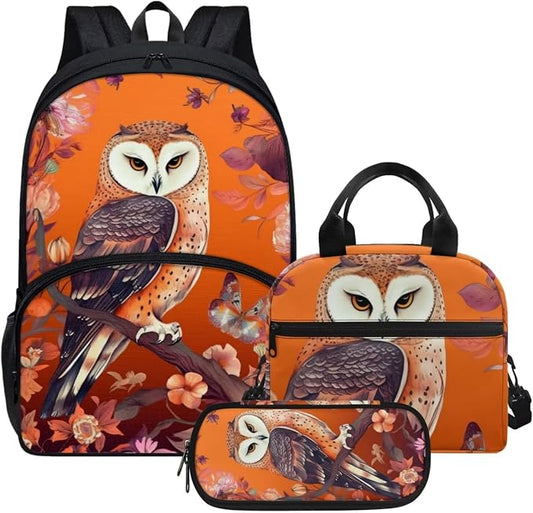 Cute Orange Floral Owl Backpack Set for Girls Kids Lightweight Cute School Backpack with Lunch Box Pencil Case Adjustable Strap Padded Book Bag Insulated Lunch Bag by Parprinty