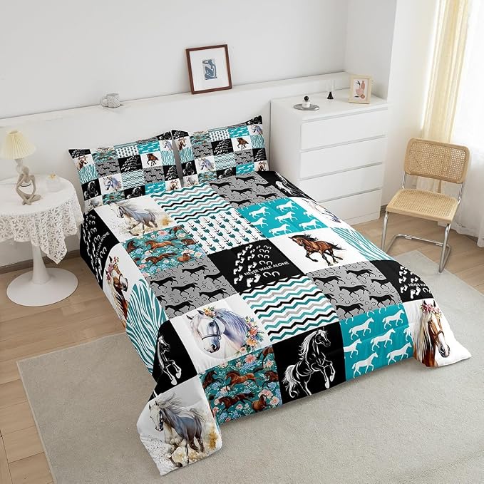 Horse Bedding,Western Farmhouse Horse Comforter Set For Girls Twin Bed,Boho Arrow Teal Zebra Stripe Comforter For Kids Boys Women,Rose Flower Rustic Cowboy Quilt Duvet sets 1 Pillowcases Black White - Image 5