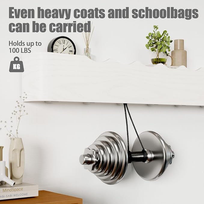 Coat Rack Wall Mount with Shelf 8 Hidden Hooks Modern Wooden Key Holder Entryway Organizer for Hallway Bedroom Bathroom Home Decor Storage for Hanging Coats Hats Bags Towels, Wave-Shape White - Image 4