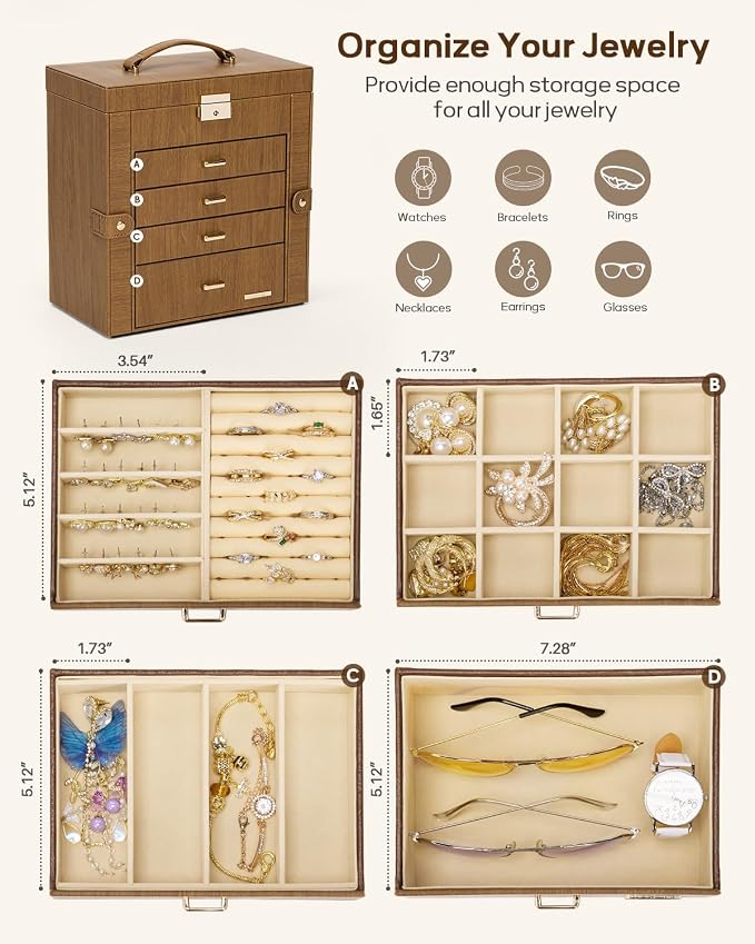Homde Synthetic Leather Huge Jewelry Box Mirrored Watch Organizer Necklace Ring Earring Storage Lockable Gift Case (Brown + Gold) - Image 3