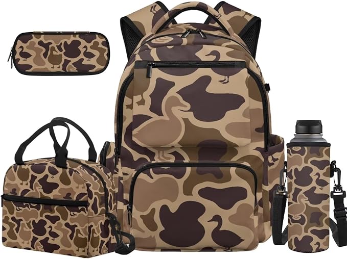 Duck Brown Camo 17 Inch Kids School Backpack Set 4Pcs Lunch Bag | Pencil Case and Water Bottle Holder, Lightweight 600D Fabric, Durable, for Elementary Middle High School Students by Unknown