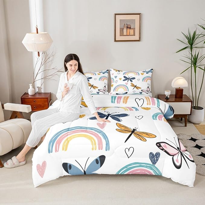 Rainbow Queen Bedding Sets For Girls, Cute Dragonfly Duvet Insert,Hand Drawn Love Heart Comforter Set For Kids Boys Children Teens Adult, Rainbow Ripple Cartoon Quilt 3 Pieces With 2 Pillow Cases - Image 2