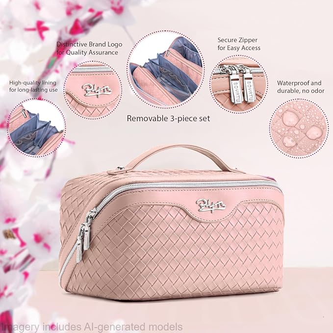 BOYATU Travel Makeup Bag Cosmetic Bags for Women: Large Capacity 3 Pcs Set Make up Bag with Compartments - Waterproof Vegan Leather Toiletry Organizer Bags with Handle (L04 Light Pink) - Image 2