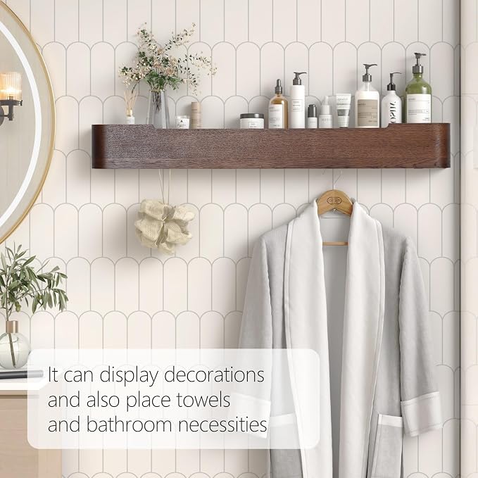 Coat Rack Wall Mount with Shelf 8 Hidden Hooks Modern Wooden Key Holder Entryway Organizer for Hallway Bedroom Bathroom Home Decor Storage for Hanging Coats Hats Bags Towels, Walnut - Image 6