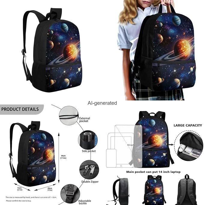 Galaxy Space Backpack for Boys Kids Backpack with Lunch Box Water Bottle Carrier and Fabric Pencil Pouch 4PCS Set 17 inch Bookbag with Front Pocket Sturdy School Bag with Side Pocket for Girls - Image 3