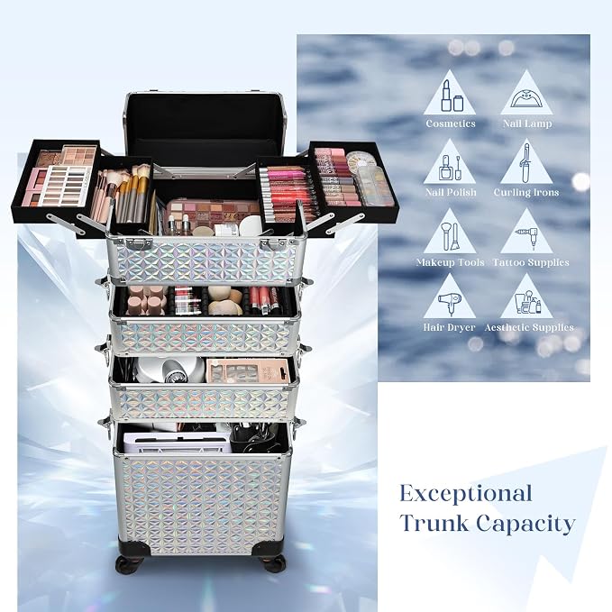 Stagiant Rolling Makeup Case Cosmetology Case on Wheels 4 in 1 Large Cosmetic Organizer Train Case Makeup Travel Case with Key Nail Artist Salon Storage Traveling Cart Big Trunk Shiny Silver - Image 2