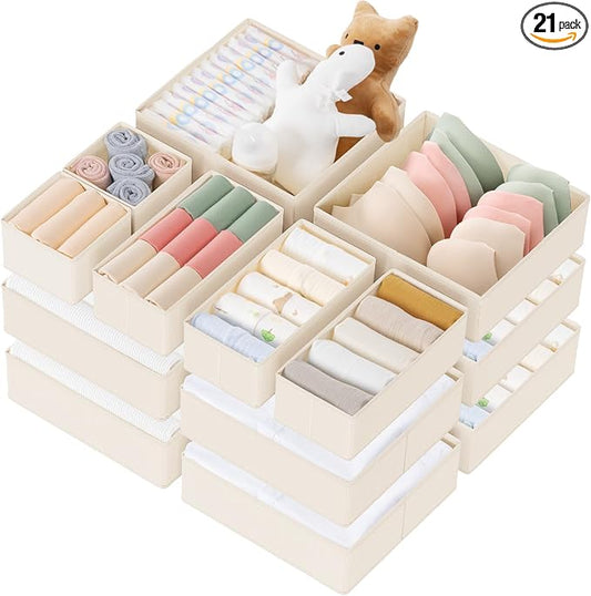 Criusia Drawer Organizer Clothes, 21 Pack Dresser Organizer for Baby Clothes, Underwear, Sock - Foldable Closet Organization and Storage Dividers Bins for Nursery, Bedroom (Beige) by Criusia