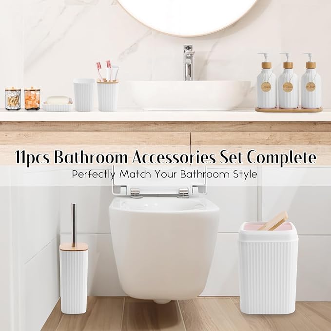 Bathroom Accessories Set White Bathroom Set with Trash Can,3PCS Lotion Soap Dispenser, Toothbrush Holder, Soap Dish,Tumbler Cup,6pcs Wood Tags White Bath Accessories with Tray for Bathroom Decor - Image 5