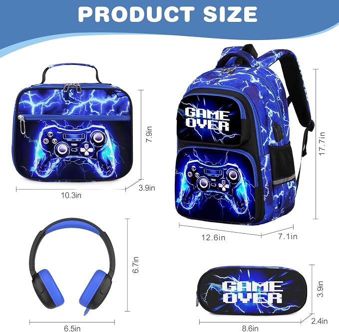 Bevalsa Backpack for Boys, School Bags for Kids with 3.5mm Jack Wired Headphones, Lunch Box & Pencil Case, Gamer Backpack for Kids Children Teens for Elementary Middle School Student (Lightning) - Image 2