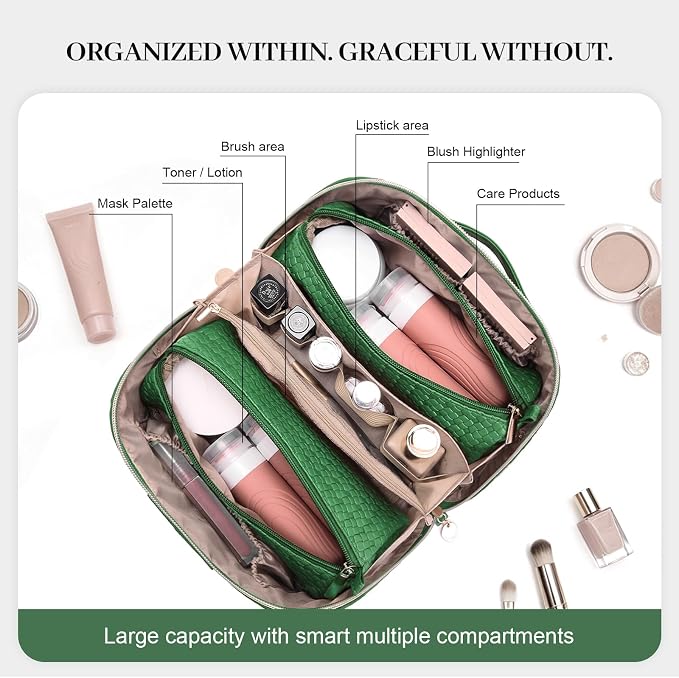 Travel Makeup Bag for Women: Designer 3 Pcs Set Cosmetic Bags for Women - Large Capacity Vagen Leather Hand-made for Toiletry Organizer - Ladies Travel Flat Open Essentials for Luxury (04Green) - Image 5