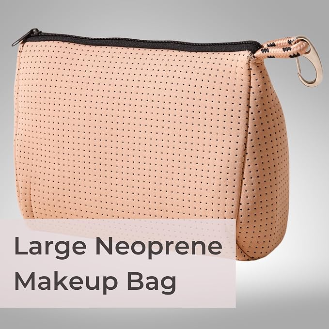 POPUPS Large Makeup Bag with Zipper, Tan - Waterproof Neoprene Cosmetic Bag 7.7 x 10.75 x 5 inches - Image 2