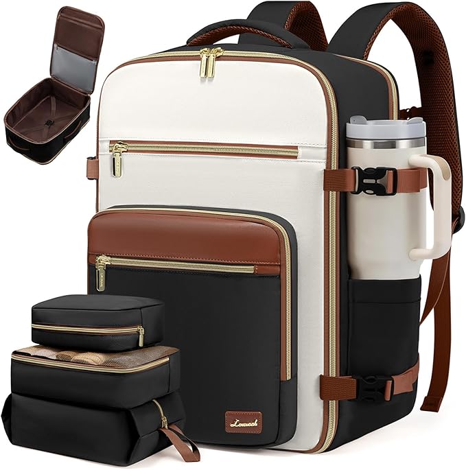 LOVEVOOK Travel Backpack For Women,50L Carry On Backpack Flight Approved,TSA Personal Item Travel Bag Fits 18 Inch Laptop,Business Weekender Overnight Daypack with Toiletry Bag and Cube,White brown by LOVEVOOK