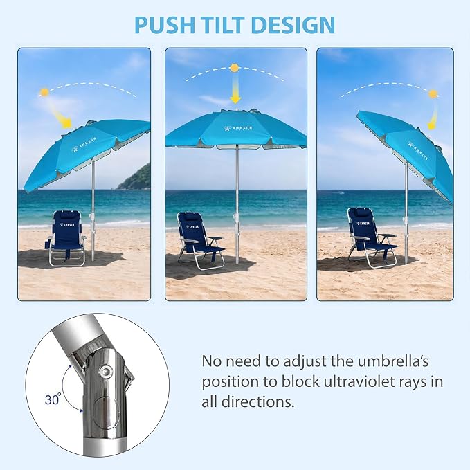 AMMSUN 6.5ft Twice Folded Portable beach umbrella with Sand Anchor Windproof Tilt Pole Air vent UPF 50+ Protection Fits in a large Suitcase Compact For Travel Patio Garden Pool Backyard Sky Blue - Image 3