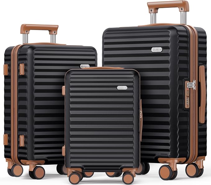 SHOWKOO Luggage Sets 3 Piece Hardside Expandable Suitcase with Double Spinner Wheels Tsa Lock Black (20in/24in/28in) by SHOWKOO