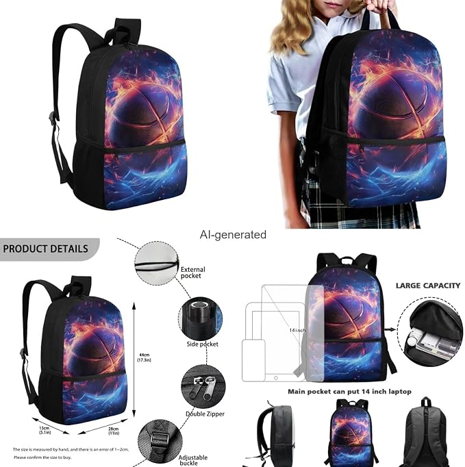 Fire Basketball Backpack for School Boys Backpack with Lunch Box Water Bottle Bag and Big Pencil Case 4PCS Set Bookbag with Front Pocket 17" Lightweight School Bag with Side Pocket for Kids - Image 3