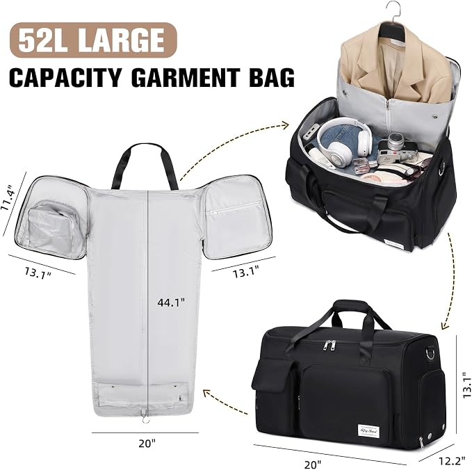 ACESAK Garment Bags for Travel, 2 in 1 Convertible Carry On Duffle Bag Suit Bags Foldable Backpacks with Shoe Compartment & Toiletry Bag, Hanging Bags for Clothes Dress Suit for Men Women Gift (Black) - Image 2