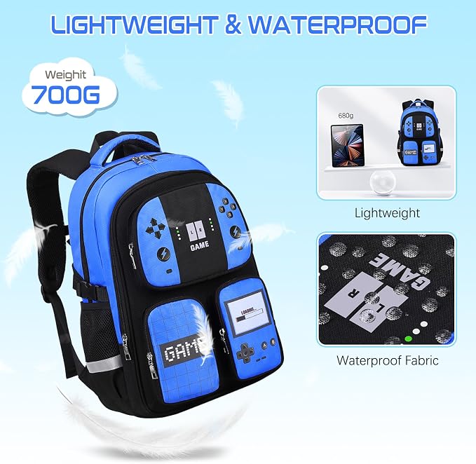 Jafeton Gamer Backpack for Boys, 3PCS Boys Backpack with Lunch Box & Pencil Pouch, Waterproof School Bags for Boy Kids Children Teens, Elementary Middle School, Kids Book Bag Casual Daypack (Blue) - Image 4