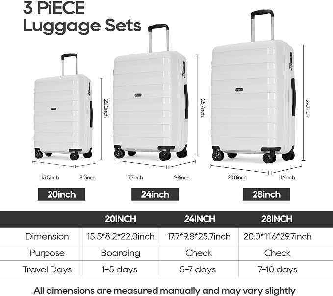 GinzaTravel PP material 3-piece expandable luggage sets with Spinner Wheels， Suitcase with TSA Lock，Large Luggage for Family Travel carry on 20/24/28，White color - Image 6