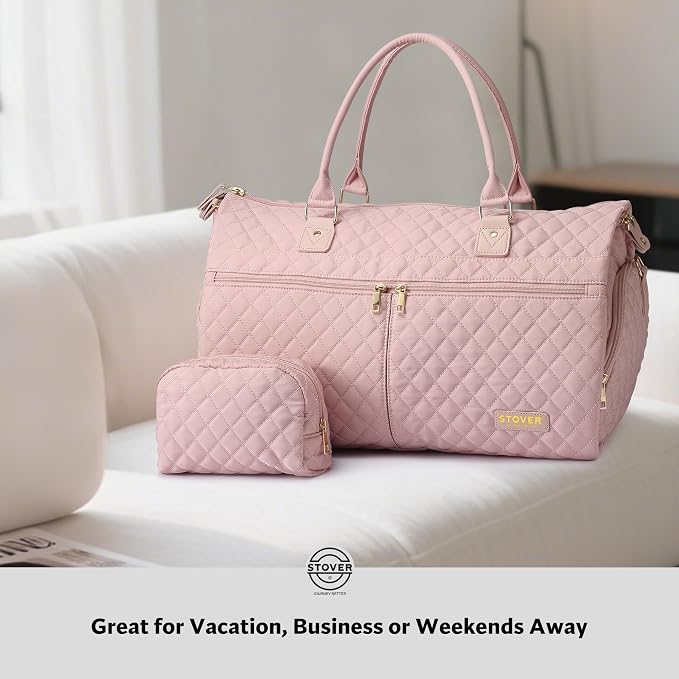 STOVER Women’s Convertible Garment Duffel Bag for Travel – 2-in-1 Carry-On Weekender/Overnight Tote - Wrinkle-Free Dresses, Suits & Clothes + Shoe Compartment & Bonus Toiletry Bag (Blush Pink) - Image 9
