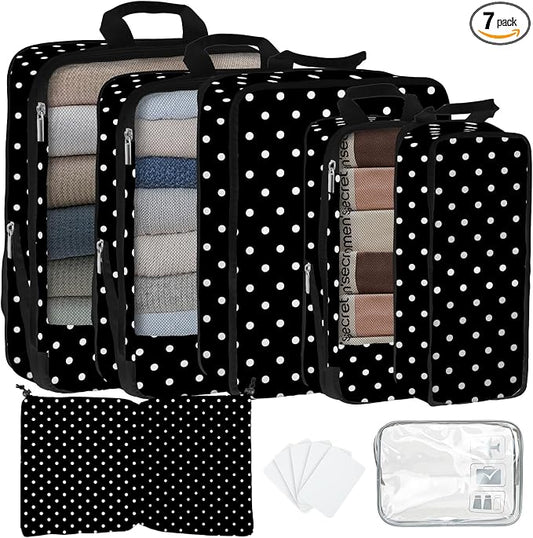 7 Pcs Compression Packing Cubes for Travel, Waterproof Suitcase Luggage Backpack Organizer with Toiletry Bag Travel Essentials for Women/Men-Polka Dots by Unknown