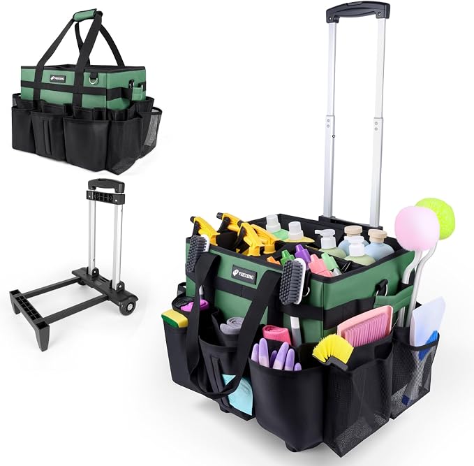 Large Rolling Cleaning Caddy Bag with Wheels, Cleaning Bag with Detachable Trolley, Cleaning Bags on Wheels for Housekeepers, Cleaning Cart Supplies Organizer for Home, Car, Picnic (Green) by Unknown