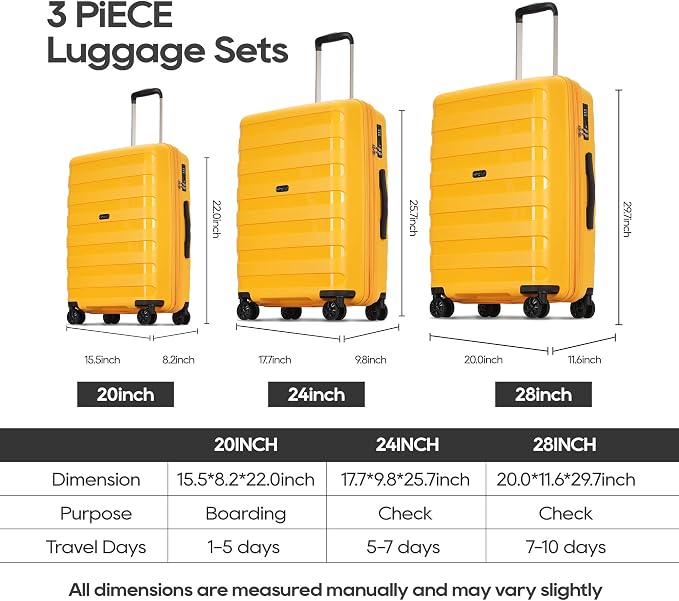 GinzaTravel PP material 3-piece expandable luggage sets with Spinner Wheels， Suitcase with TSA Lock，Large Luggage for Family Travel carry on 20/24/28，Yellow color - Image 9