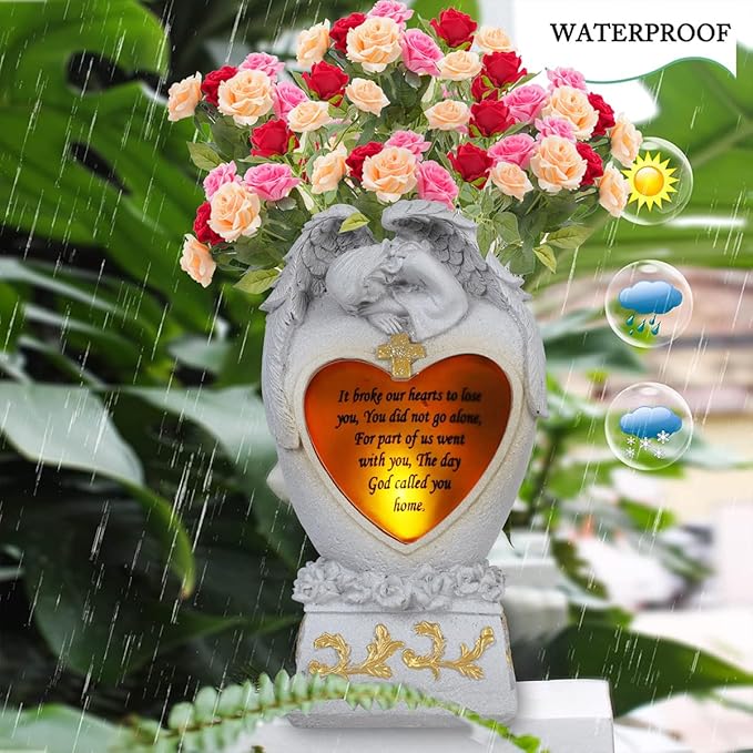 Angel Garden Statue Outdoor Decor, Cemetery Vase with LED, Family Garden Memorial Statue, Crying Angel (White) with Solar Lights