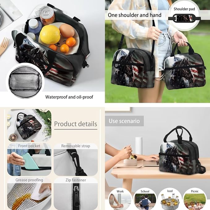 American Flag Horse Backpack Set for Kids Teen Elementary Middle School Book Bag Set Insulated Lunch Tote Bag Pencil Case School Bag 3 In 1 Daypack Knapsack - Image 3