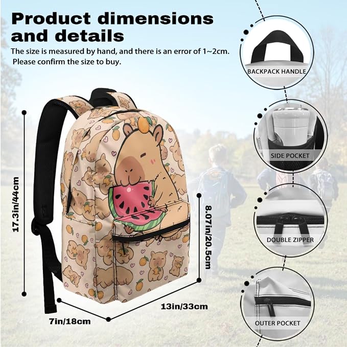 Capybara Backpack for Girls Cute Animal Eat Watermelon Backpack and Lunch Box for Girls Boys School Bag Set 4-in-1, Lightweight 17" Kids Bookbag Ages 8-10 10-12 Teens Daypack Purse - Image 3