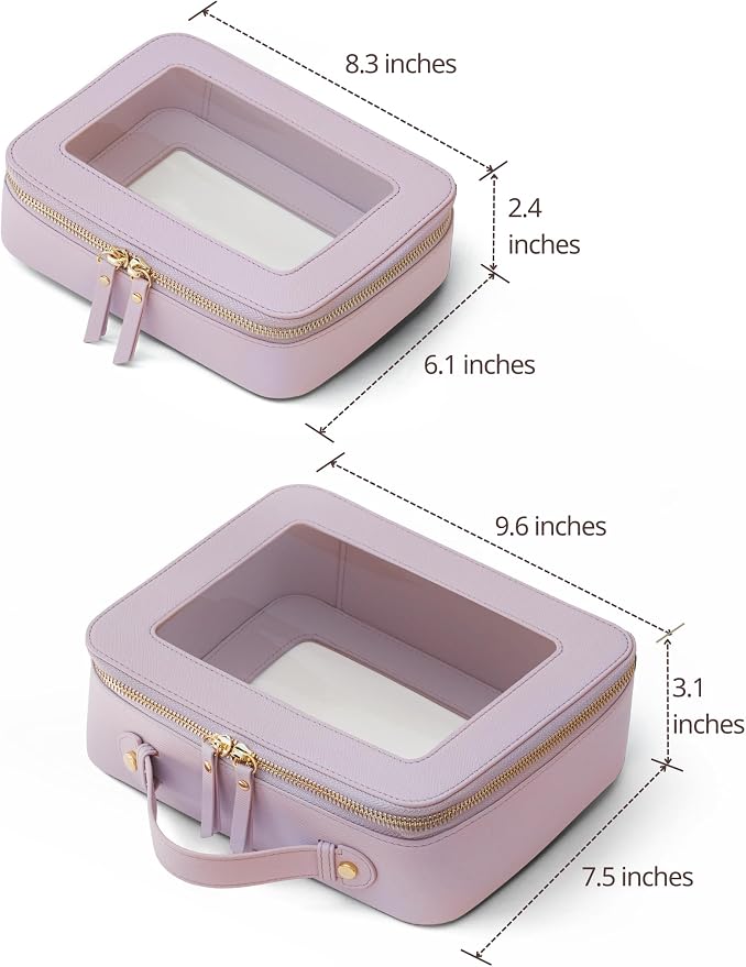 Popvibe Clear Makeup Bag Travel Cosmetic Case Transparent Toiletry Bag with Zipper, Portable Make Up Organizer Traveling Compact Car Bag for Essentials, Purple, Medium and Large - Image 2