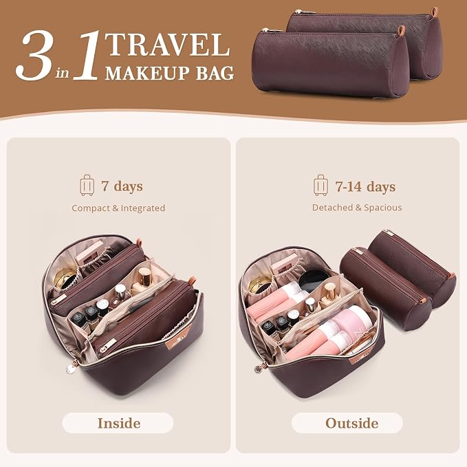 Travel Makeup Bag for Women: 3-in-1 Large Capacity Cosmetics Organizer with 2 Detachable Pouch - Vegan Leather Flat Open Toiletry Bag - Travel Essentials for Full-Sized Bottles(Coffee) - Image 2