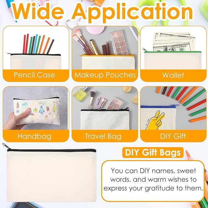 60 Pcs Canvas Bag with Zipper, Blank DIY Craft Bulk Canvas Bags for Makeup Cosmetics Toiletry, Multipurpose Pencil Pouch Bulk for Organizing & Gifting - Image 4