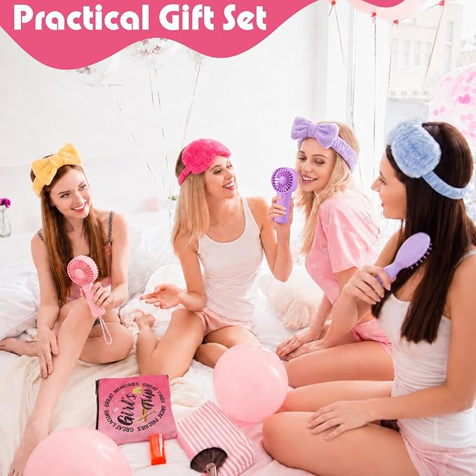 Lewtemi 48 Pcs Girls Trip Gifts Favors for Women Girls Weekend Getaway, Bulk Travel Accessories Set with Clear Gift Bag, Mini Handheld Fan, Makeup Pouches, Sleep Masks, Headbands, Hair Brushes & Clips - Image 5