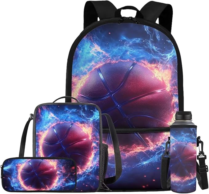 Fire Basketball Backpack for School Boys Backpack with Lunch Box Water Bottle Bag and Large Pencil Pouch 4PCS Set Bookbag with Front Pocket 17" Lightweight School Bag with Side Pocket for Kids by ELEDIZI
