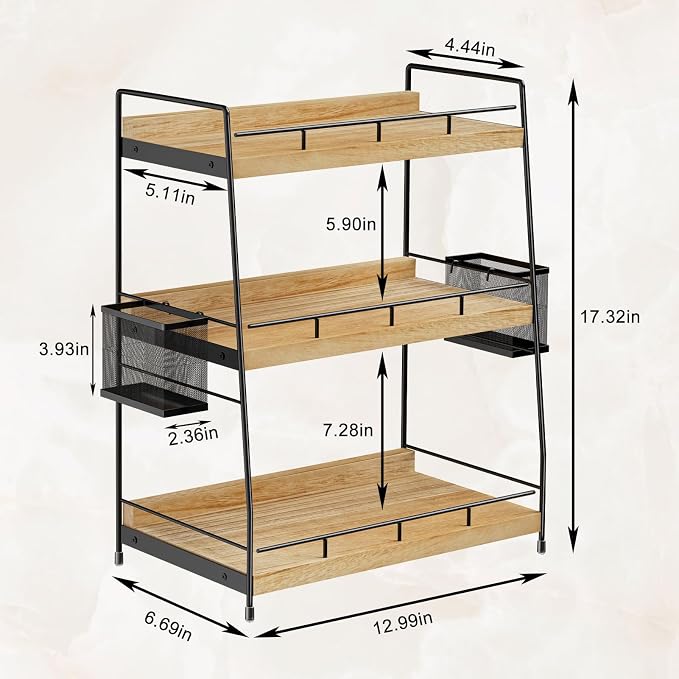 3 Tier Bathroom Counter Organizer with Side Baskets, Wood Countertop Vanity Shelf,Sturdy Metal Frame fits Tall Bottles - Image 3