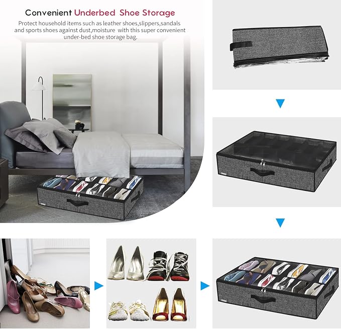 Onlyeasy Sturdy Under Bed Shoe Storage Organizer, Set of 2, Fit 12 to 24 Pairs, Underbed Shoes Closet Storage Solution with Clear Window, Breathable, L29.3 x W23.6 x H5.9, Linen-like Black, MXAUBSB2P - Image 6