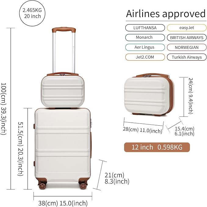 Kono Carry On Luggage Set Airline Approved with Spinner Wheels | Lightweight PC+ABS Carry On Suitcase with TSA Lock Durable Luggage Hardside White - Image 3