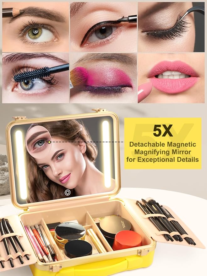 Kalolary Travel Makeup Train Cases with Lighted Mirror 3 Color Setting | Makeup Bag Cosmetic Organizer Adjustable Brightness Portable Makeup Storage Box with Detachable 5X Magnifying Mirror Yellow - Image 2