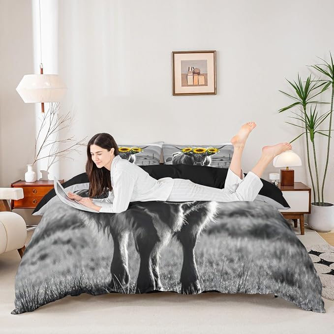 Highland Cow Bedding Set Queen Size for Adult Women Sunflower Cow Print Comforter Cover Farmhouse Wild Animal Cows with Gray Fur Duvet Cover Decor 3 Pcs Bedding ,1 Duvet Cover + 2 Pillowcases - Image 8