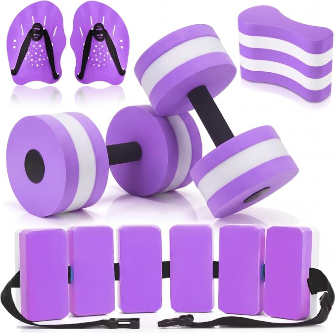 7 Pcs Pool Exercise Set Including 2 Lightweight Aquatic Dumbbells, 2 Swimming Hand Paddles, Pull Buoy, Pool Mesh Bag Swim Belt Sport Equipment for Water Aerobics Exercise by Sonwyoung