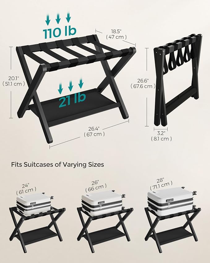 SONGMICS Luggage Rack, Folding Suitcase Stand with Storage Shelf, for Guest Room, Hotel, Bedroom, Heavy-Duty, Holds up to 131 lb, Classic Black URLR007B01 - Image 5
