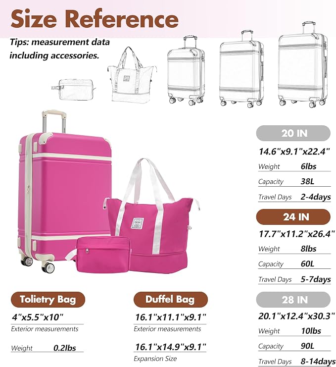 Merax Suitcase Set 24 inches Expandable Luggage with TSA Lock Spinner Wheels Hardshell Lightweight Vintage Luggage with Travel Bag,Pink - Image 2