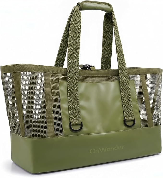 Large Mesh Beach Bag, Waterproof Bottom Tote, Structured Design Waterproof Pocket, Sandproof Pool Bag for Cruise Gym by OnWander