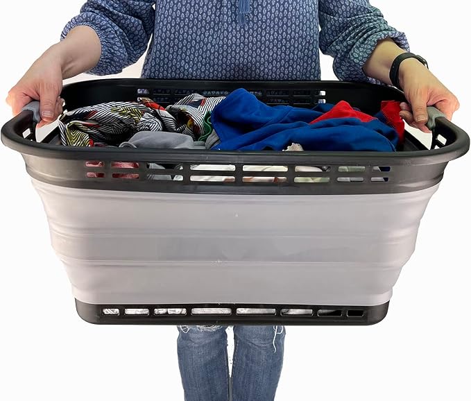 SAMMART 42L (11 Galloons) Collapsible Plastic Laundry Basket - Foldable Pop Up Storage Container/Organizer - Portable Washing Tub - Space Saving Hamper/Basket [BPA Free] (Black/Frost Grey) - Image 6