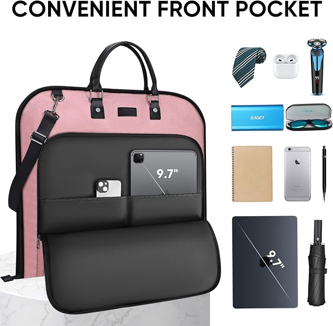 BALEINE Travel Garment Bag, Travel Suit Bag for Men, Water Resistant Carry on Garment Bag for Hanging Clothes, Garment Duffel Bag for Travel Business (Pink, 42") - Image 3