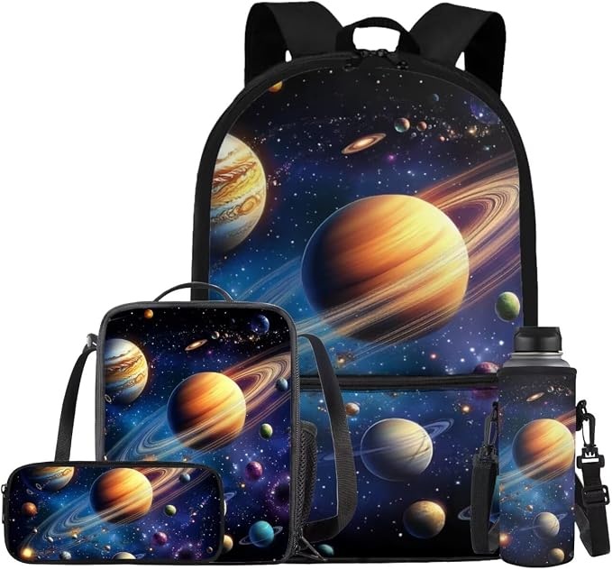 Galaxy Space Backpack for Boys Kids Backpack with Lunch Box Water Bottle Carrier and Fabric Pencil Pouch 4PCS Set 17" Bookbag with Front Pocket Sturdy School Bag with Side Pocket for Girls by ELEDIZI