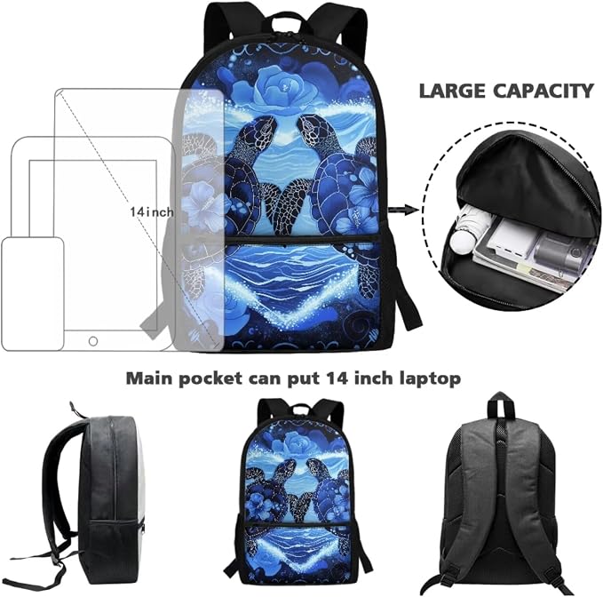 Rose Hibiscus Flower Turtle Print Backpack Set for Student Schoolbag Large Capacity Bookbag Lunch Box Pencil Case 17 Inch Travel Laptop Backpacks Rucksack Casual Daypack - Image 3